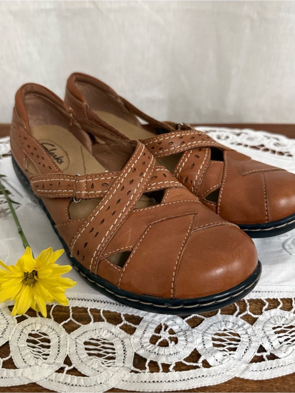 Clarks Bendables Ashland Spin Q Brown Leather Mary Jane Shoes Womens 8.5 M EUC